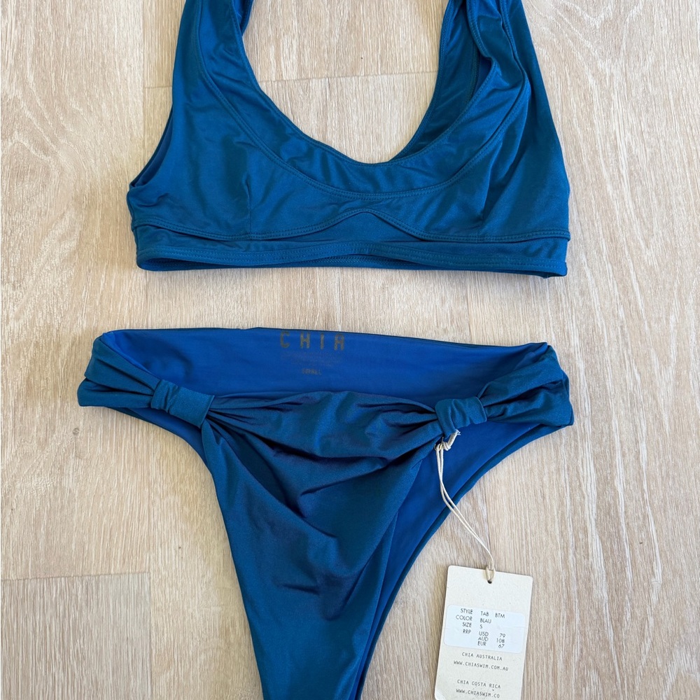 Chia Womens Blue Bikini Set Tab bottom and scoop top